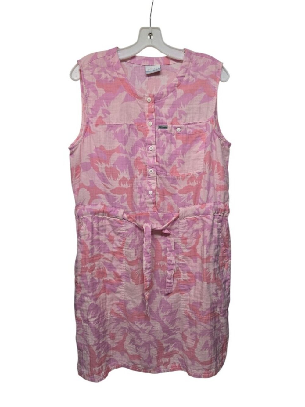 Columbia Sleeveless Dress Size L Fit and Flare Waist Belt Floral Coastal Resort